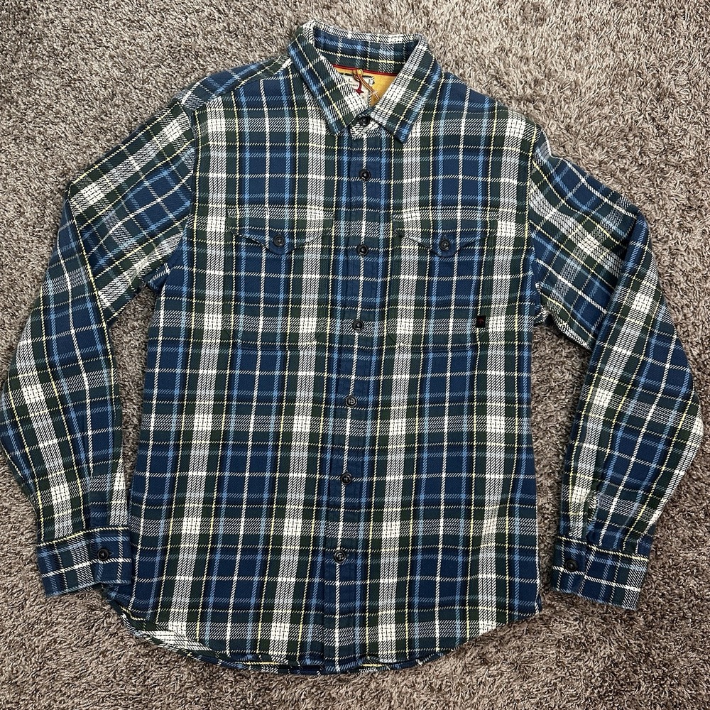 Relwen Mens Blanket Flannel Button Down Heavyweight Green/Blue Tartan Large NWT